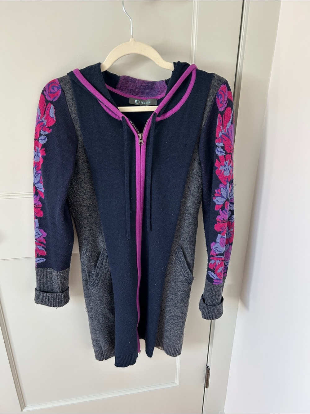 Title Nine Navy Hooded Cardigan with Pink and Purple Floral Sleeves